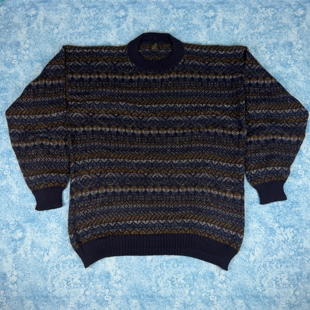 Vintage Alpaca Baby Fina Peru Hand Knitted Fair Isle Sweater Navy Blue Mens XL